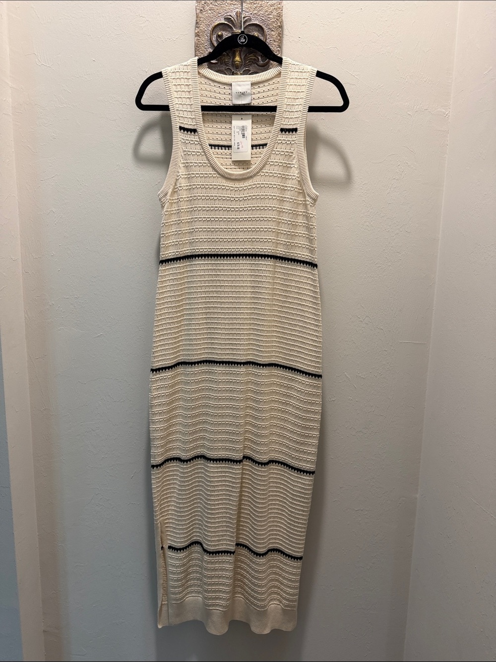 Varley Sleeveless Cream Knit Maxi Dress with Black Stripe Detail from EVEREVE